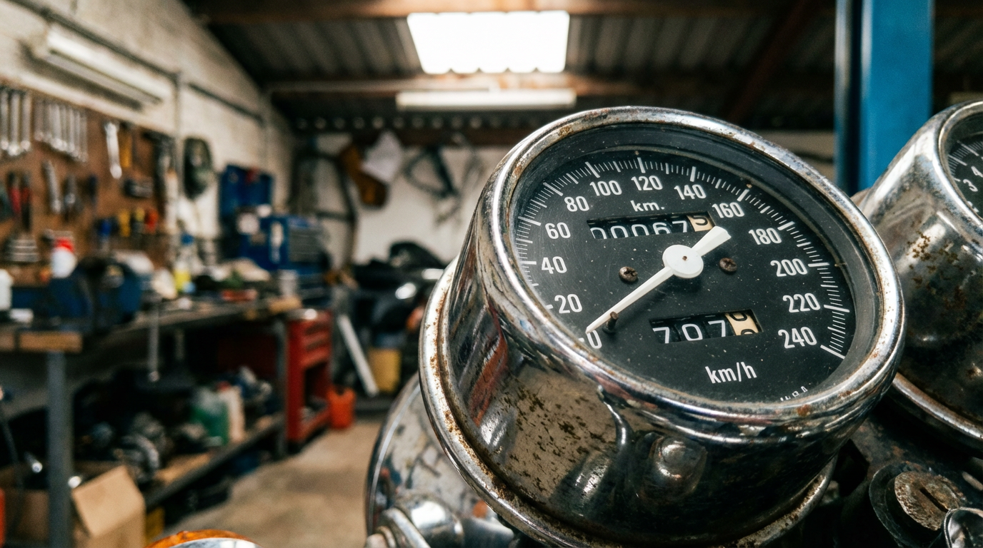 Compteur kilométrique analogique sur moto de collection années 70
