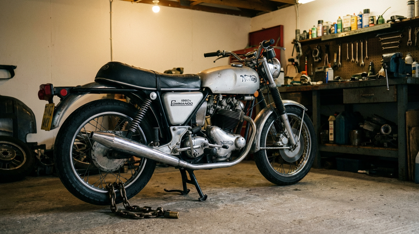 Moto ancienne britannique sécurisée avec antivol dans un garage fermé